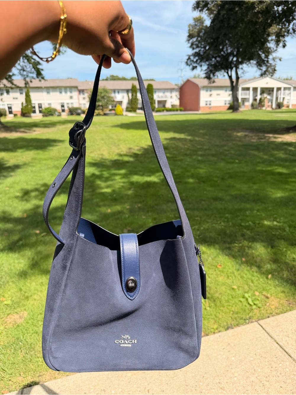 Coach Suede Navy Shoulder Bag with Leather Trim
